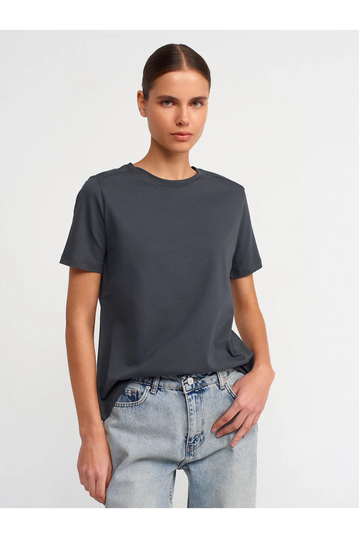 Bisiklet Yaka Pamuklu T-shirt-antrasit