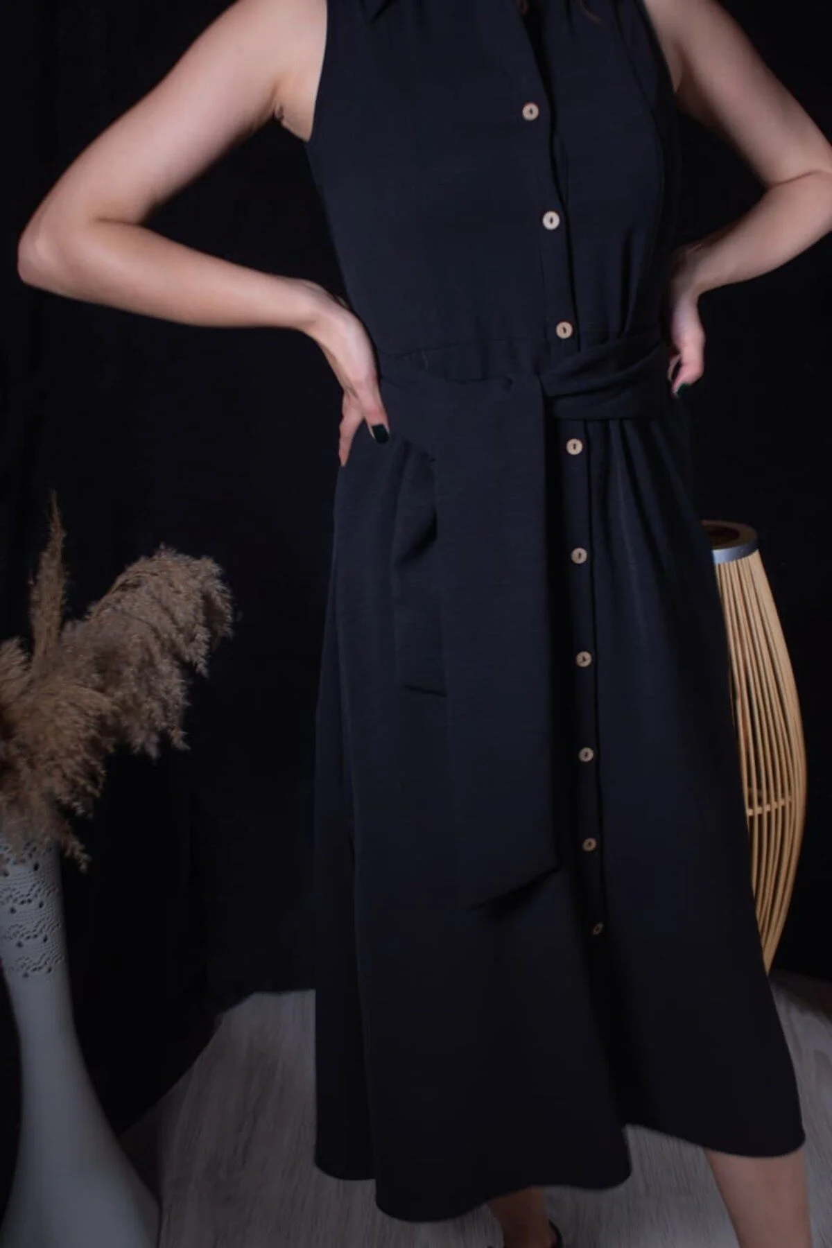 Yandan Yırtmaçlı Örgü Elbise - Siyah