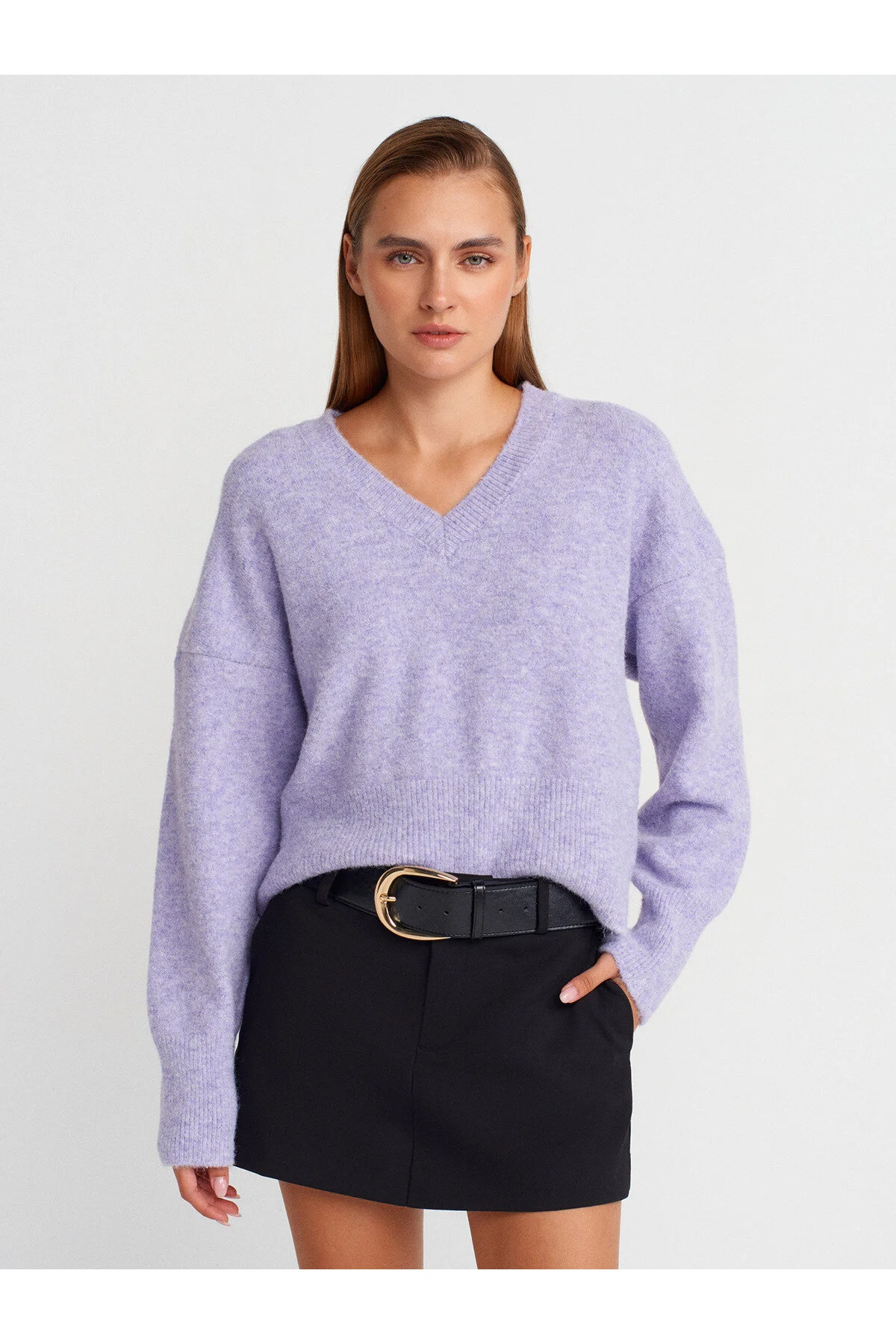 V Yaka Yumuşak Dokulu Triko Kazak - Lila