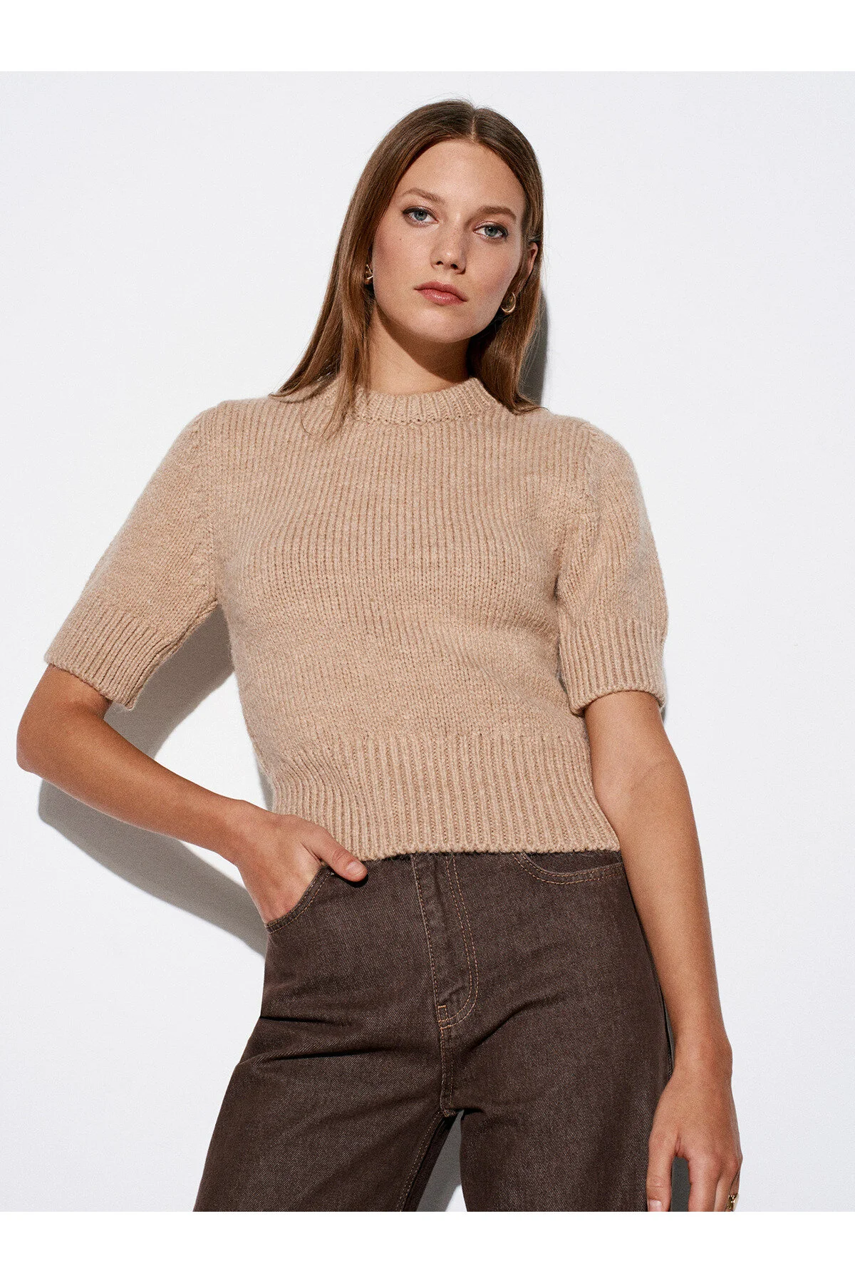 Bisiklet Yaka Kısa Kollu Triko Kazak - Koyu Bej