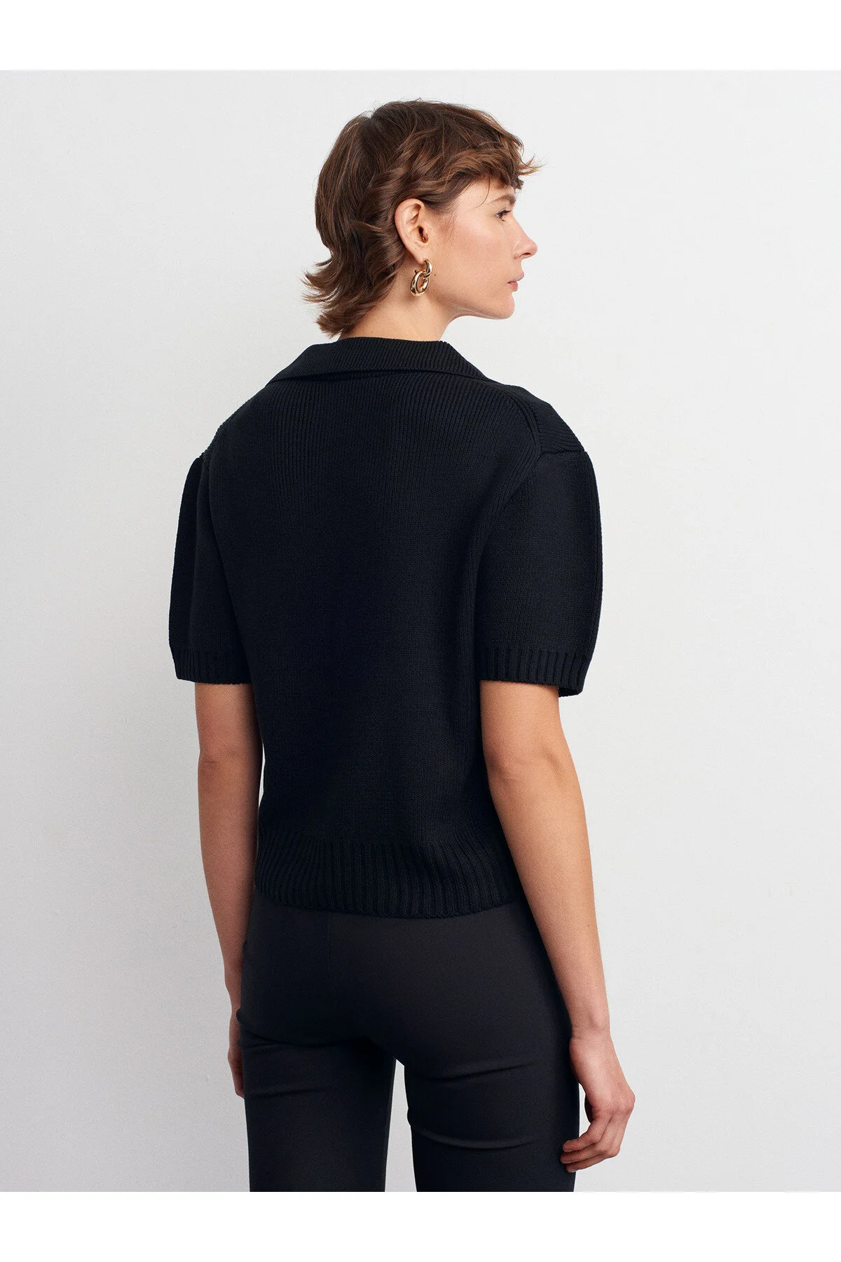 Polo Yaka Fiyonklu Triko Kazak-Siyah