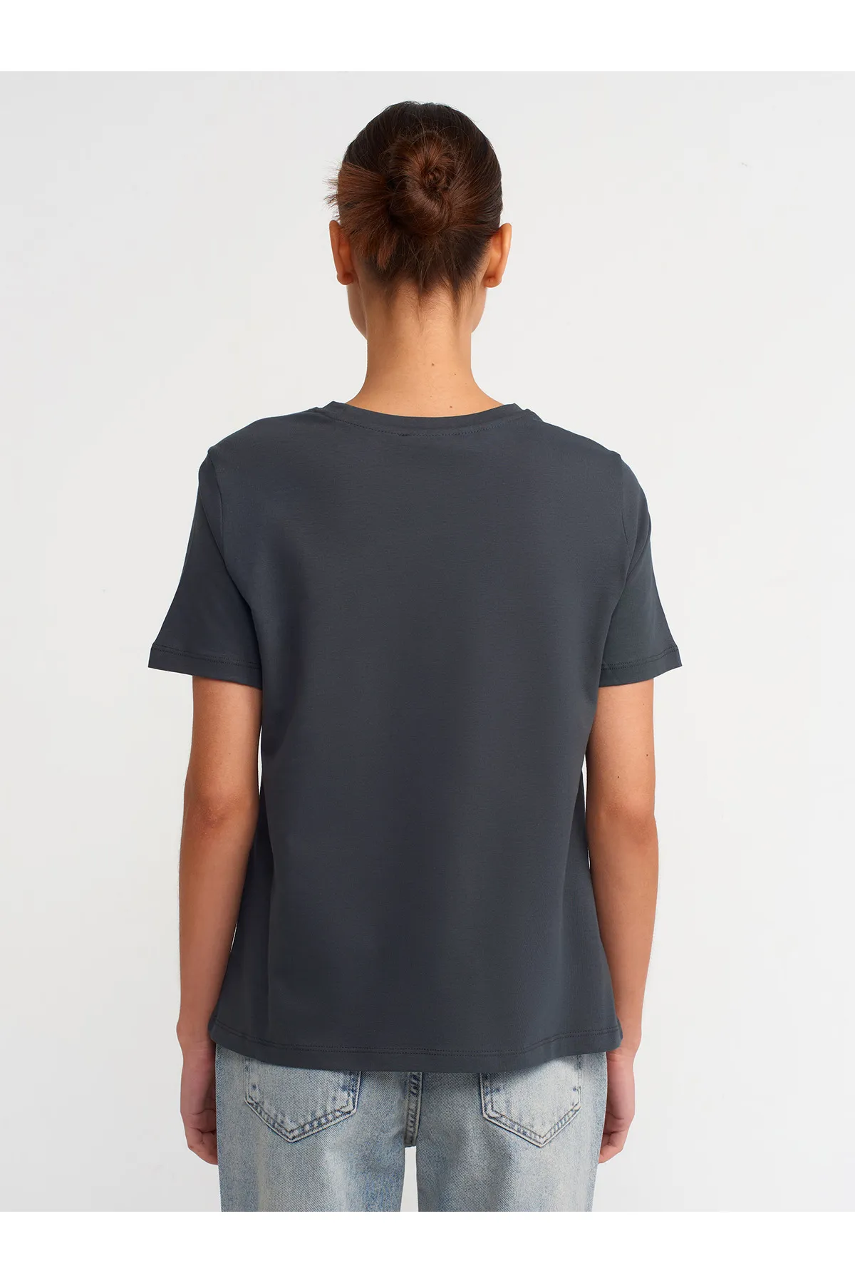 Bisiklet Yaka Pamuklu T-shirt-antrasit