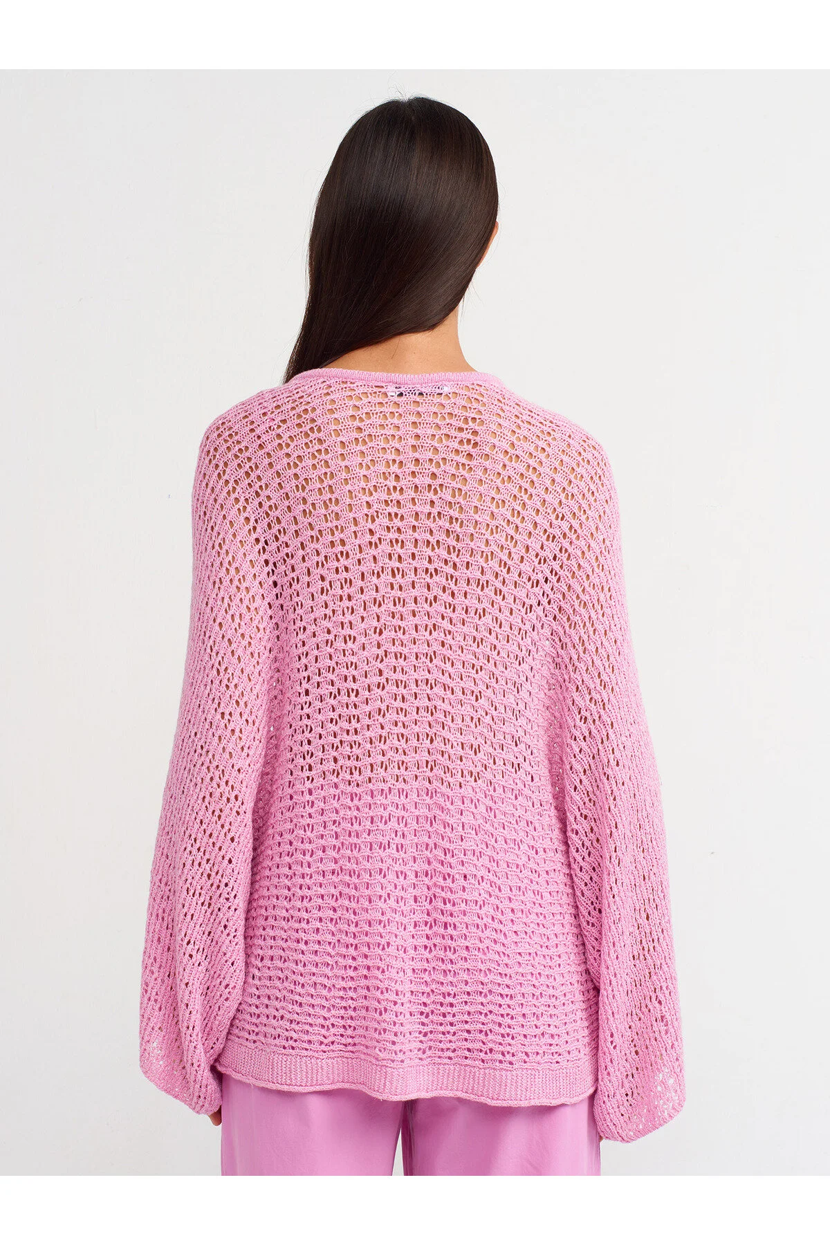 Kayık Yaka Ajurlu Triko Kazak - Pembe