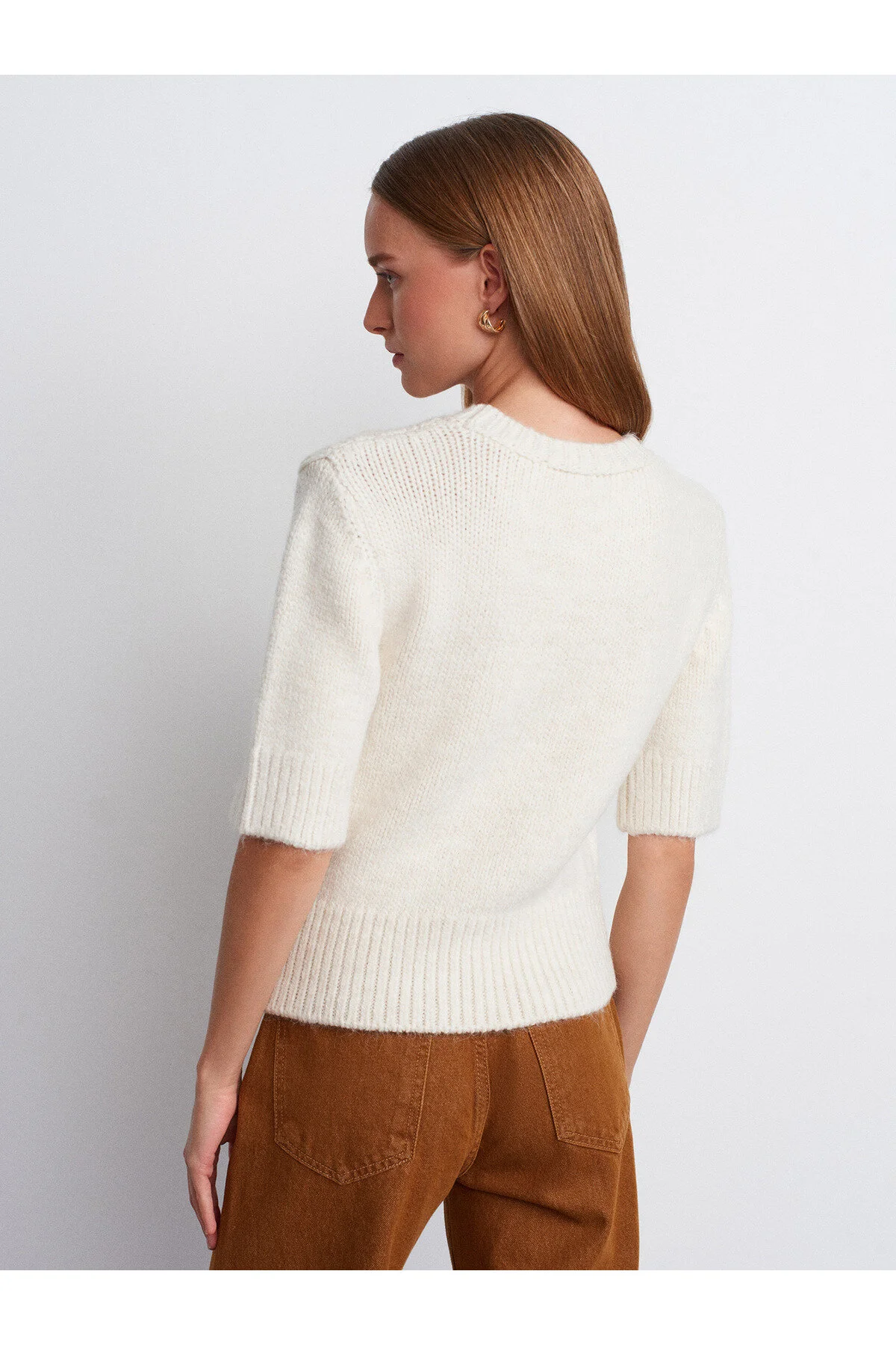 Bisiklet Yaka Kısa Kollu Triko Kazak - Ekru