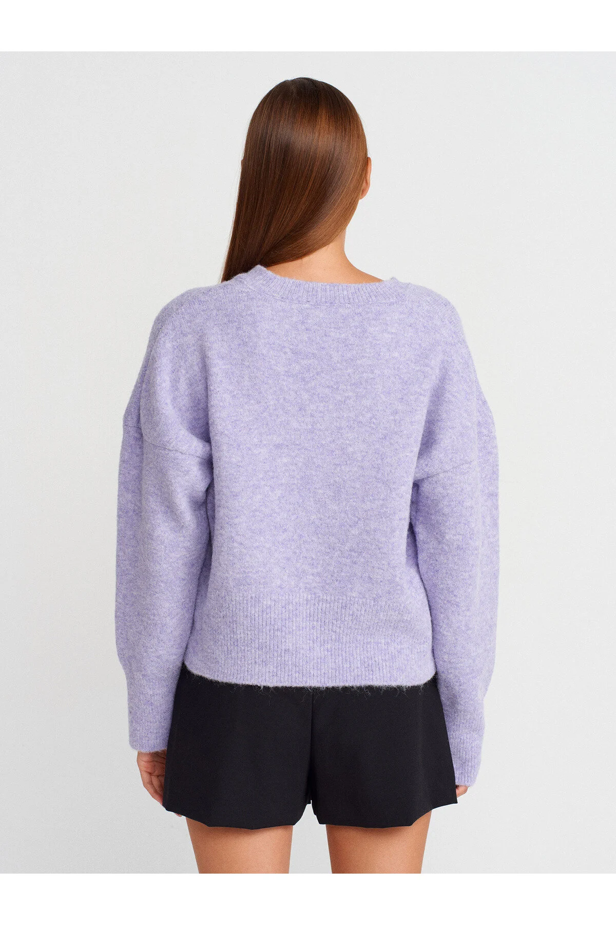 V Yaka Yumuşak Dokulu Triko Kazak - Lila