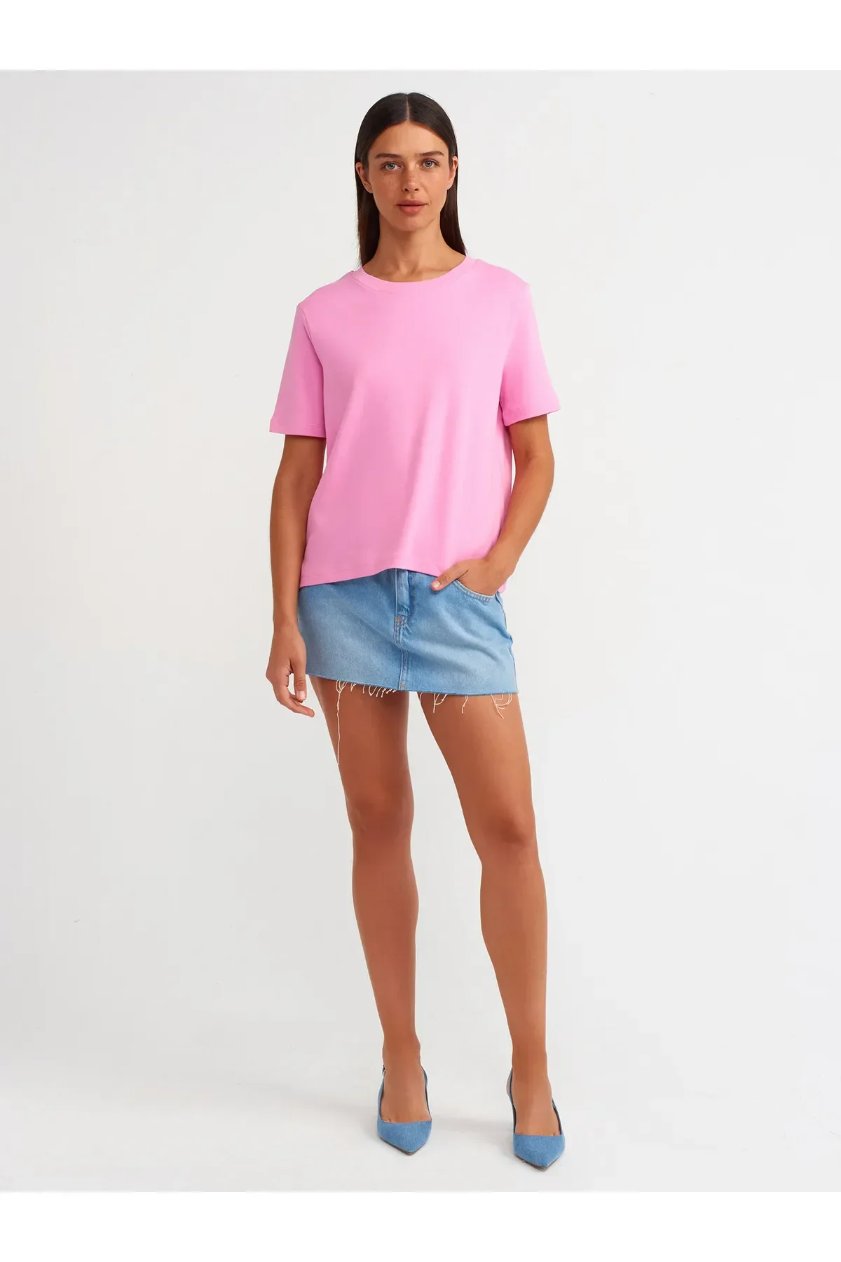 Bisiklet Yaka Pamuklu T-shirt-pembe