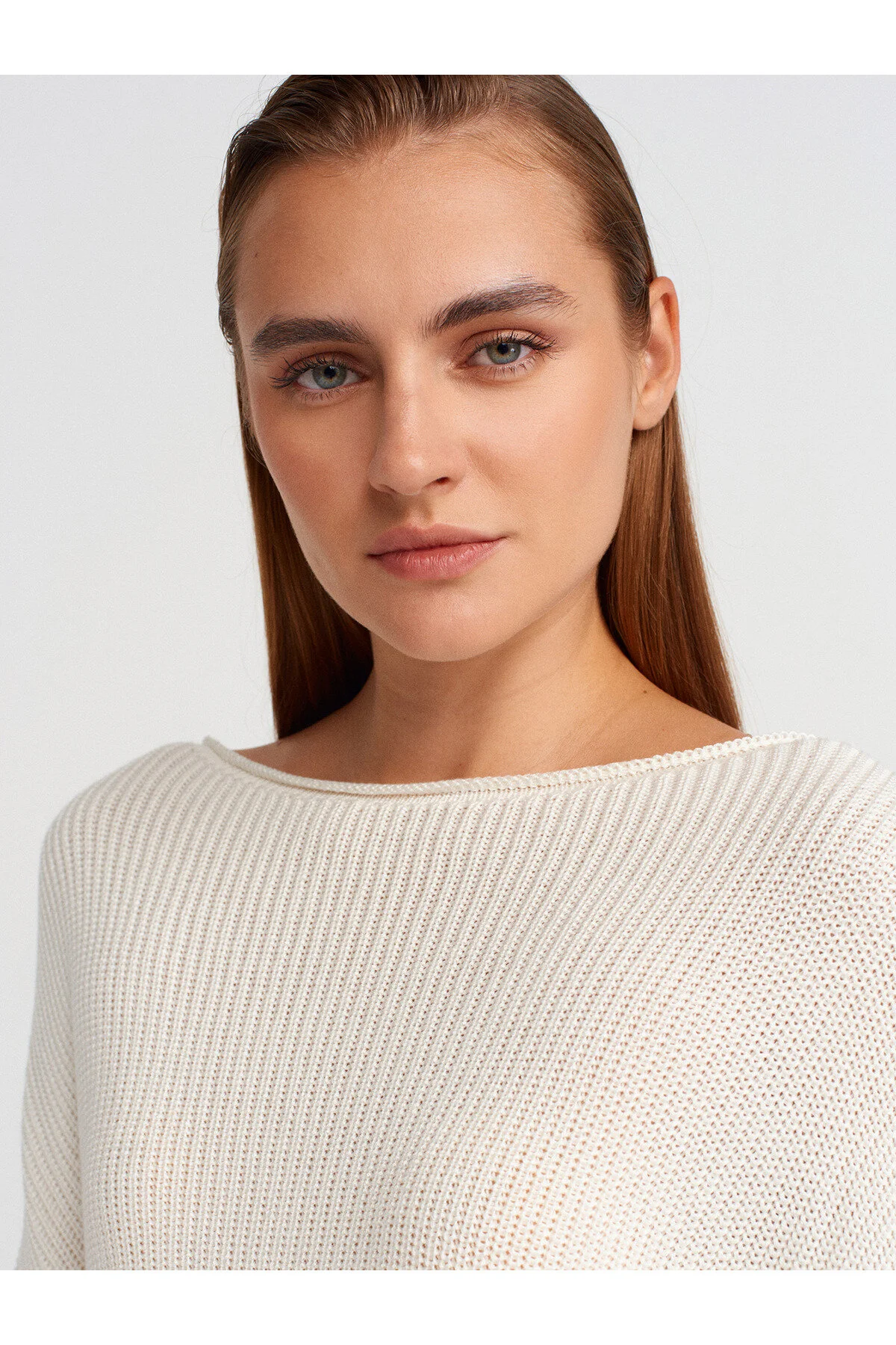 Kayık Yaka Basic Triko Kazak-Ekru