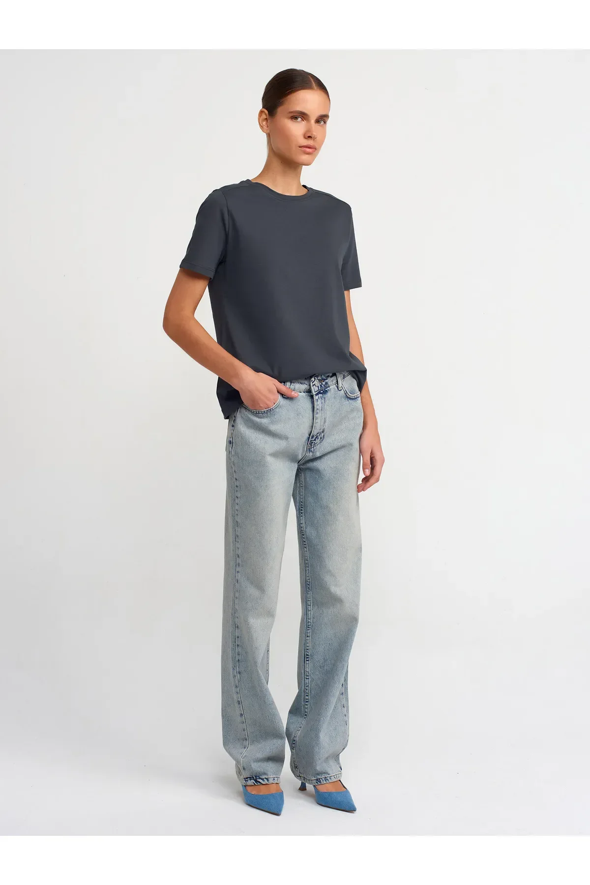 Bisiklet Yaka Pamuklu T-shirt-antrasit