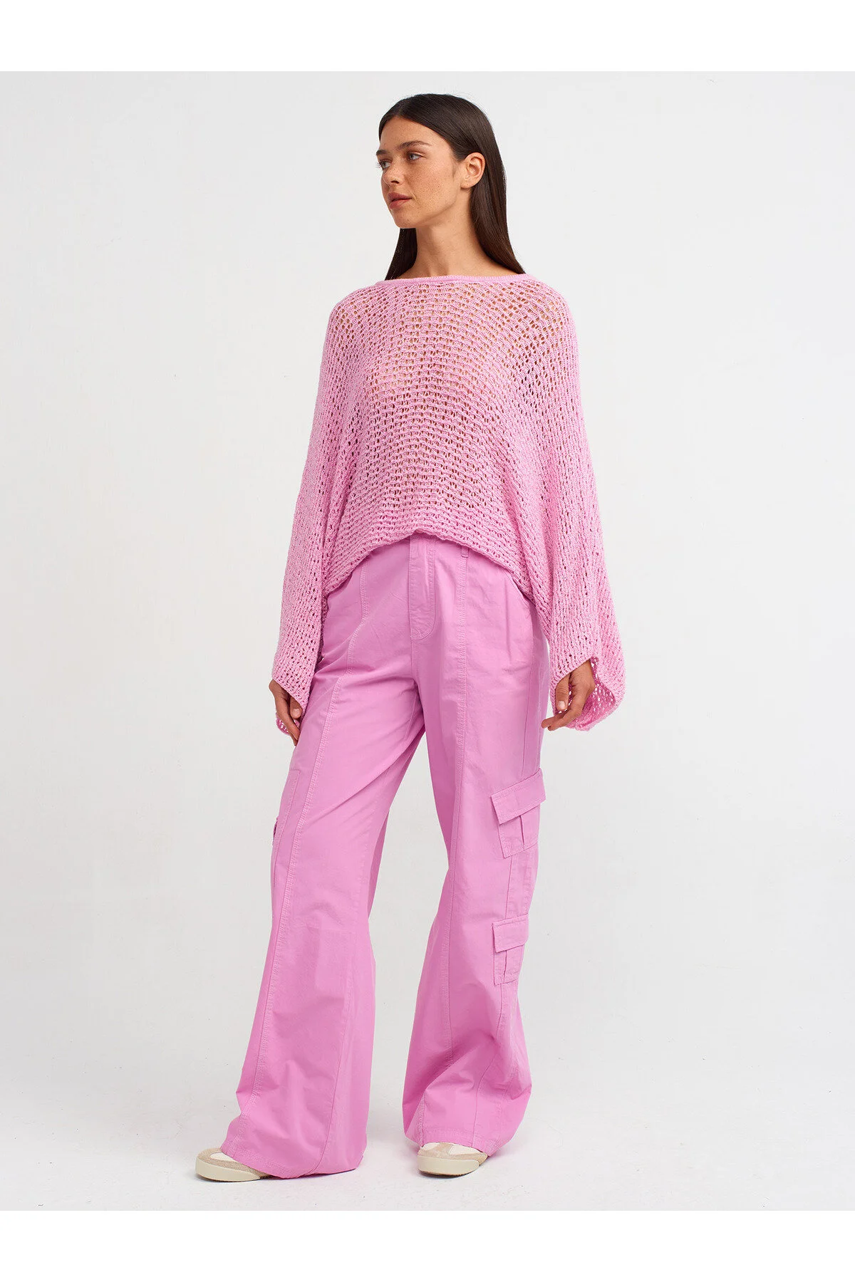 Kayık Yaka Ajurlu Triko Kazak - Pembe