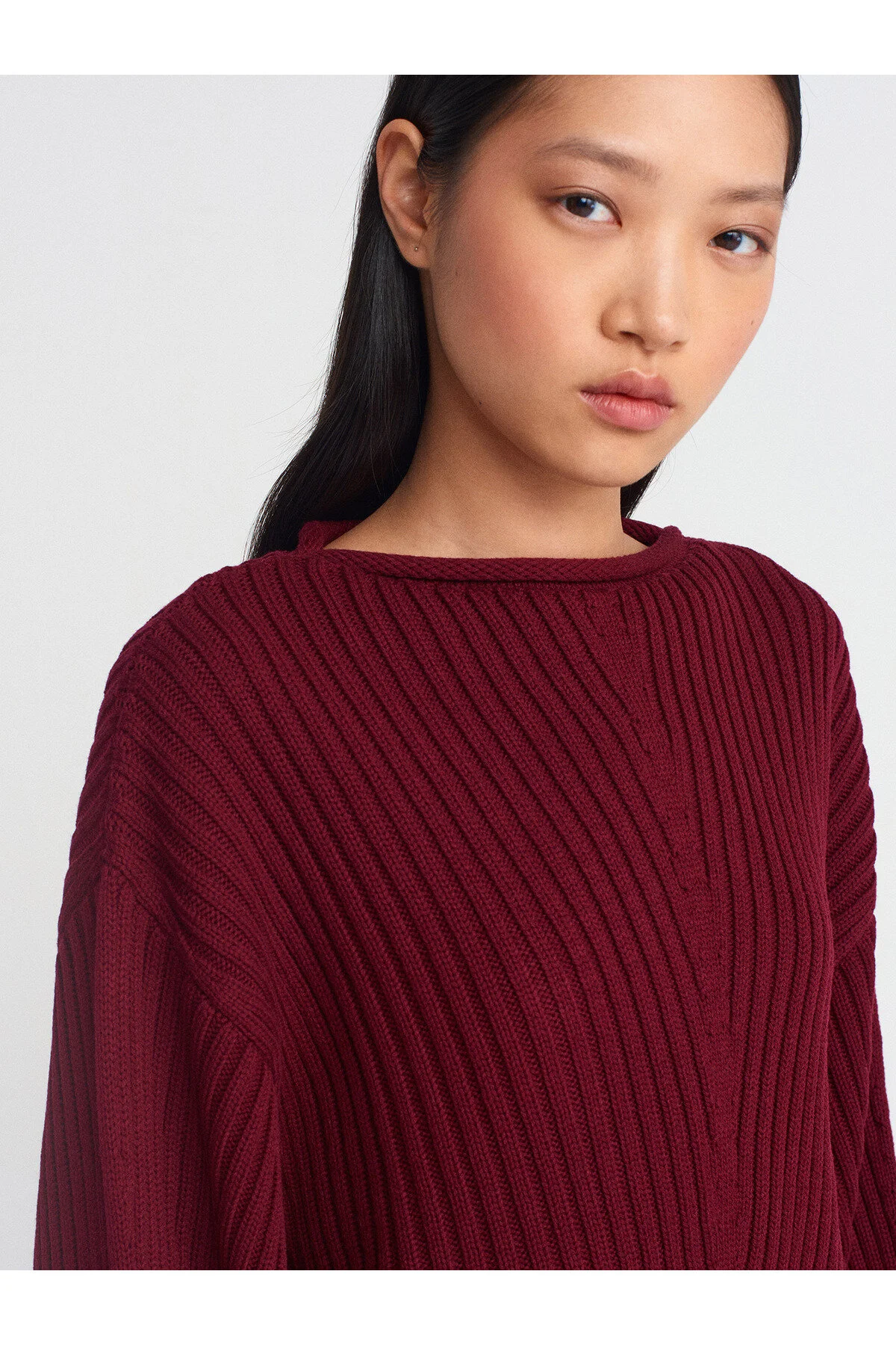 Bisiklet Yaka Fitilli Triko Kazak-Bordo