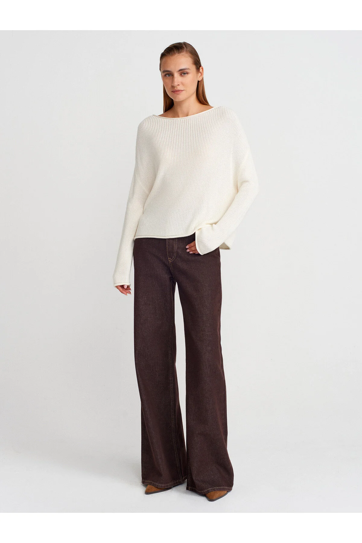 Kayık Yaka Basic Triko Kazak-Ekru