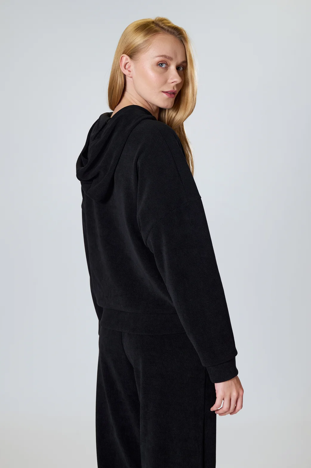 Kapüşonlu Kadife Sweatshirt - Siyah